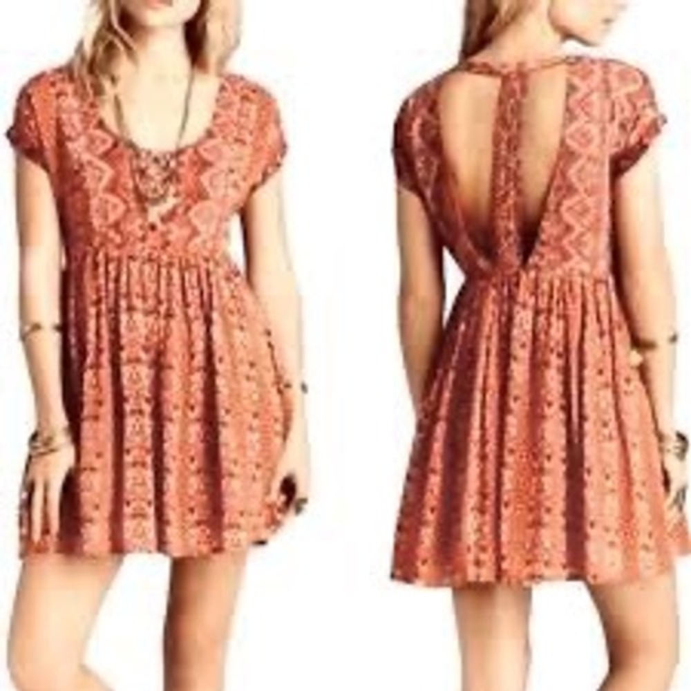 Free People Sundown Orange Aztec Tribal Print T-Back Babydoll Mini Dress Medium